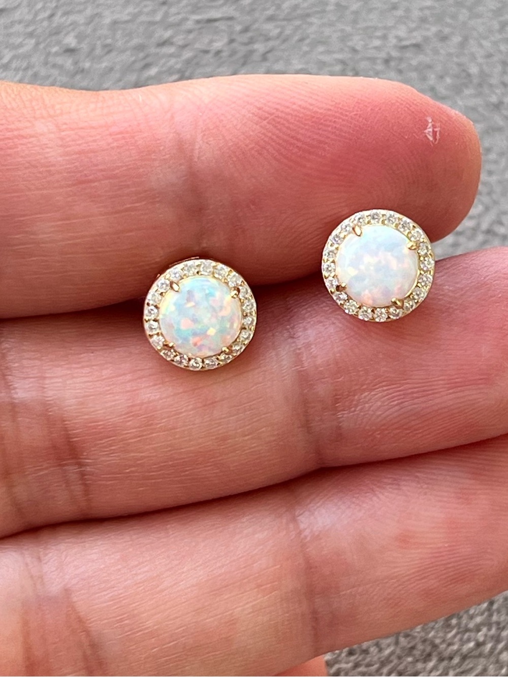 Gold Over Sterling Silver 6MM Lab Opal Halo Stud Earrings - Picture 2 of 5